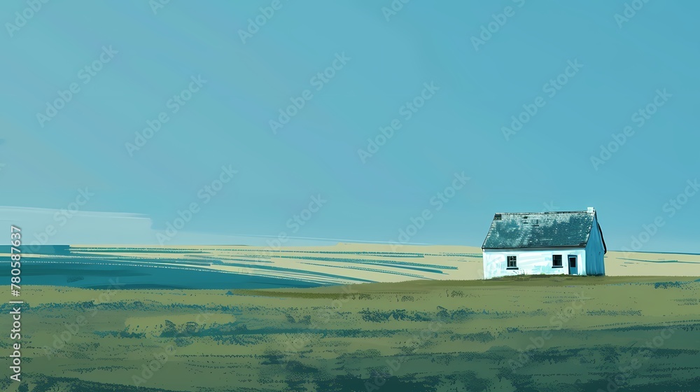 Fototapeta premium green and blue minimalist style endless prairie with small house illustration poster background