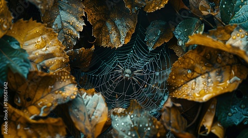 An arthropods spider web made of natural material is intricately woven among leaves in a forest, creating a beautiful pattern while capturing insects for the terrestrial animal