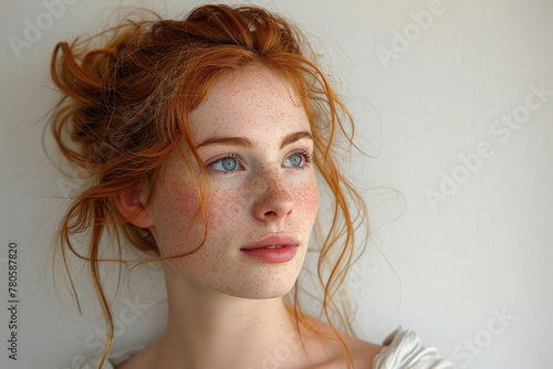 A minimalist portrait of a redhead female model against a white background