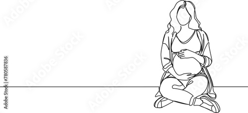 continuous single line drawing of pregnant woman sitting cross-legged holding her tummy, line art vector illustration