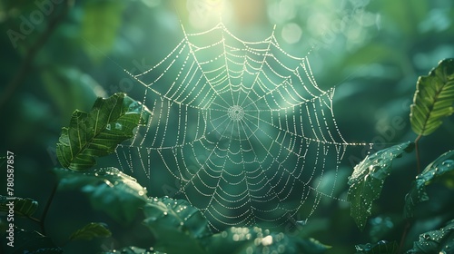 An arthropods spider web made of natural material is intricately woven among leaves in a forest, creating a beautiful pattern while capturing insects for the terrestrial animal