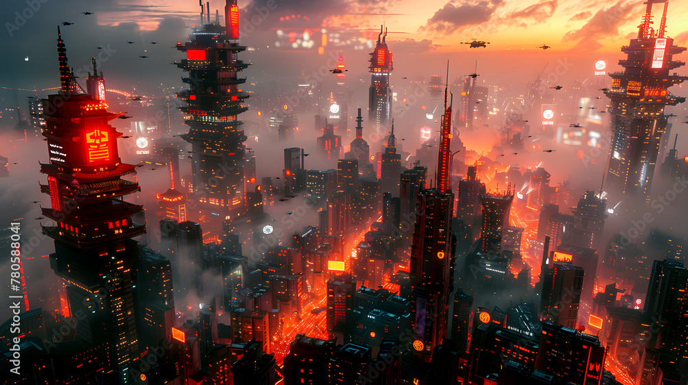 Obraz premium Cyberpunk Experience, Futuristic Cityscapes Urban Adventures in Metropolis, Story Board Element and Digital Technology. Future in Gaming style Storyboard Set in Future, Neon Light and Sci-Fi Concept.
