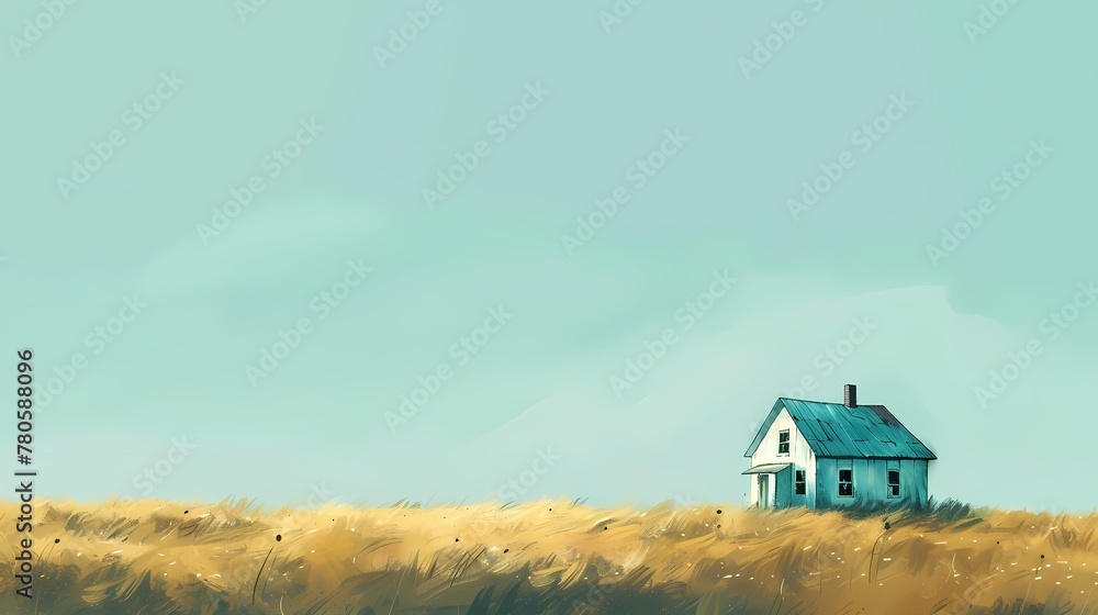 green and blue minimalist style endless prairie with small house illustration poster background