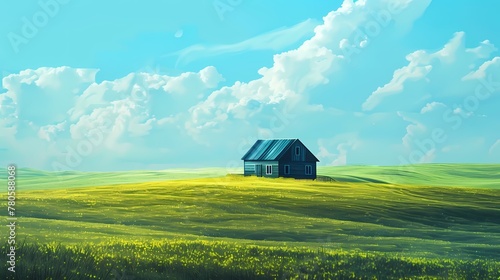 green and blue minimalist style endless prairie with small house illustration poster background