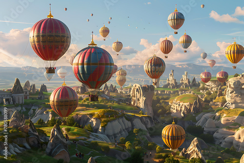 Colorful hot air balloons soaring high during a vibrant festival celebration, creating a picturesque and exhilarating scene