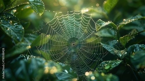 An arthropods spider web made of natural material is intricately woven among leaves in a forest, creating a beautiful pattern while capturing insects for the terrestrial animal