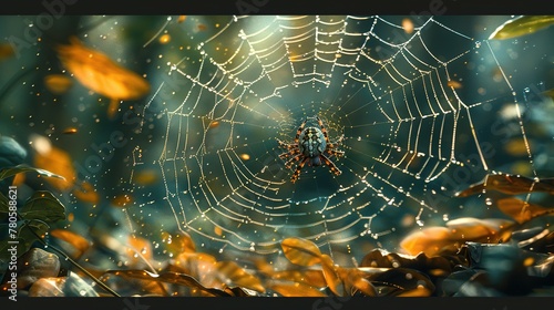 An arthropods spider web made of natural material is intricately woven among leaves in a forest, creating a beautiful pattern while capturing insects for the terrestrial animal