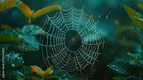 An arthropods spider web made of natural material is intricately woven among leaves in a forest, creating a beautiful pattern while capturing insects for the terrestrial animal