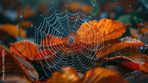 An arthropods spider web made of natural material is intricately woven among leaves in a forest, creating a beautiful pattern while capturing insects for the terrestrial animal