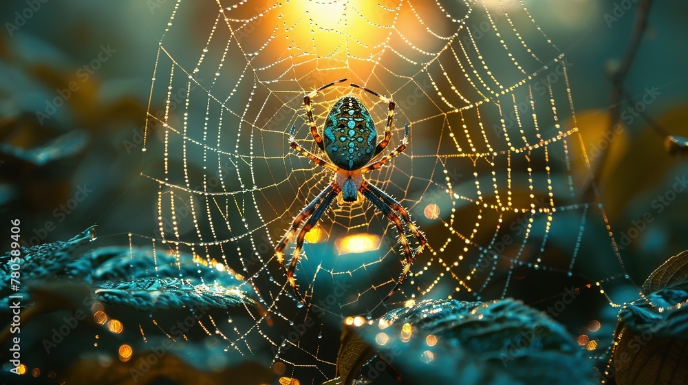 An arthropods spider web made of natural material is intricately woven among leaves in a forest, creating a beautiful pattern while capturing insects for the terrestrial animal An arthropods spider web made of natural material is intricately woven among leaves in a forest, creating a beautiful pattern while capturing insects for the terrestrial animal