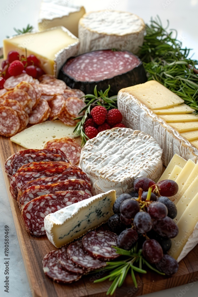 Artisan cheese and charcuterie board, focusing on the layout and variety of cheeses, meats, and accompaniments