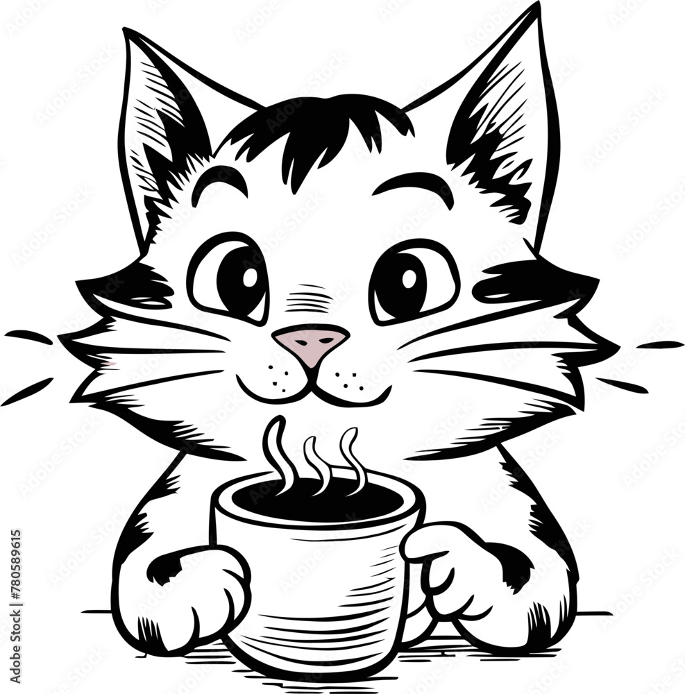 cute happy cat holding a cup of coffee vector illustration. Cat drinking coffee sketch cute happy cat holding a cup of coffee vector illustration. Cat drinking coffee sketch