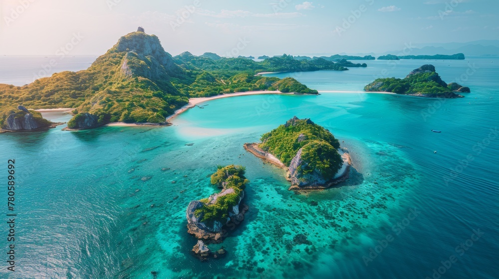 A captivating aerial view of a coastal paradise with sandy beaches, turquoise waters, and lush green islands, under a clear sunny sky, offering a breathtaking summer background for business branding