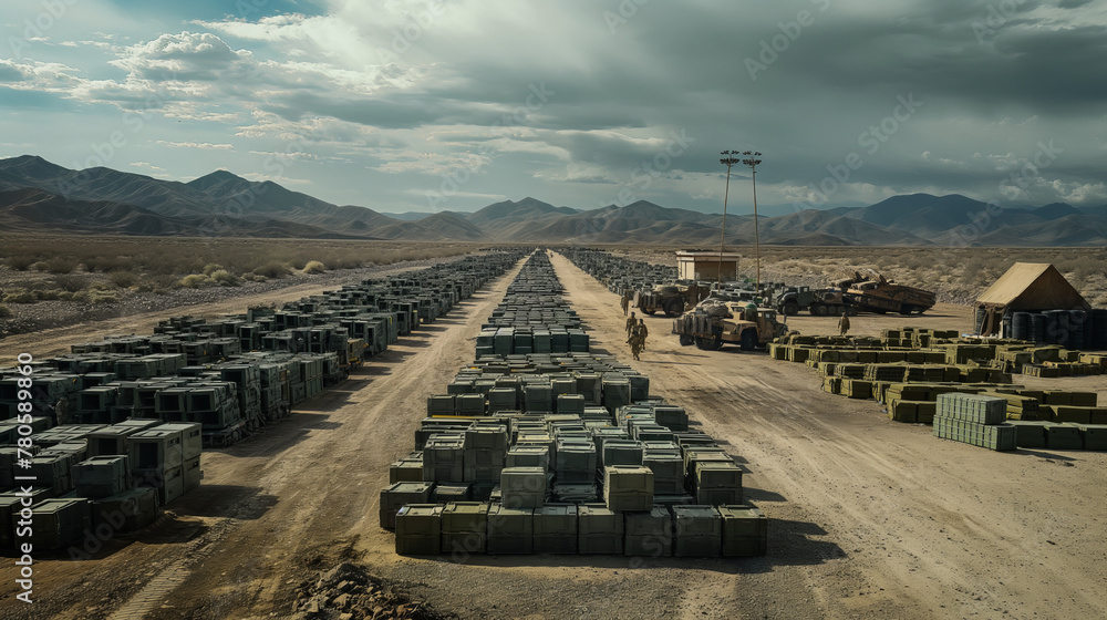 Fototapeta premium In a remote desert location, a vast array of military supplies is methodically organized, creating an imposing landscape
