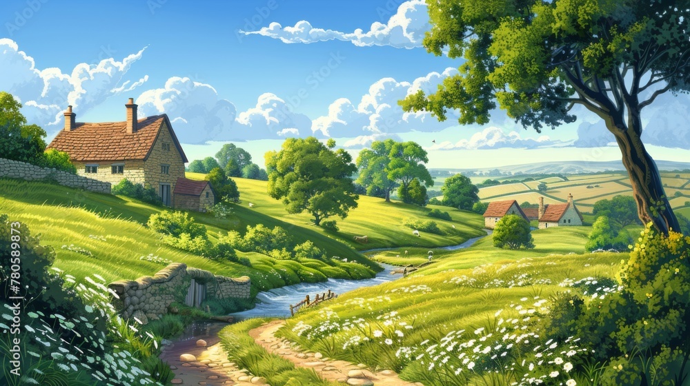 A peaceful countryside scene with rolling hills, meandering streams, and quaint cottages nestled among greenery, under a clear sunny sky, offering a charming backdrop for business messaging