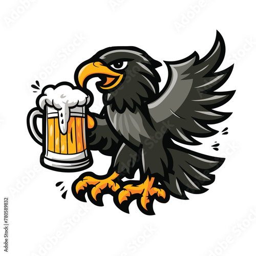 Black Eagle with beer cartoon character badge lillustration