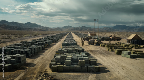 In a remote desert location, a vast array of military supplies is methodically organized, creating an imposing landscape