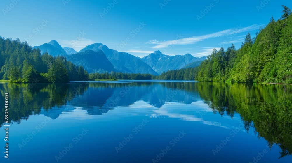 A serene lake surrounded by verdant forests and distant mountains, reflecting the clear blue sky above, creating a tranquil summer background perfect for showcasing business branding.