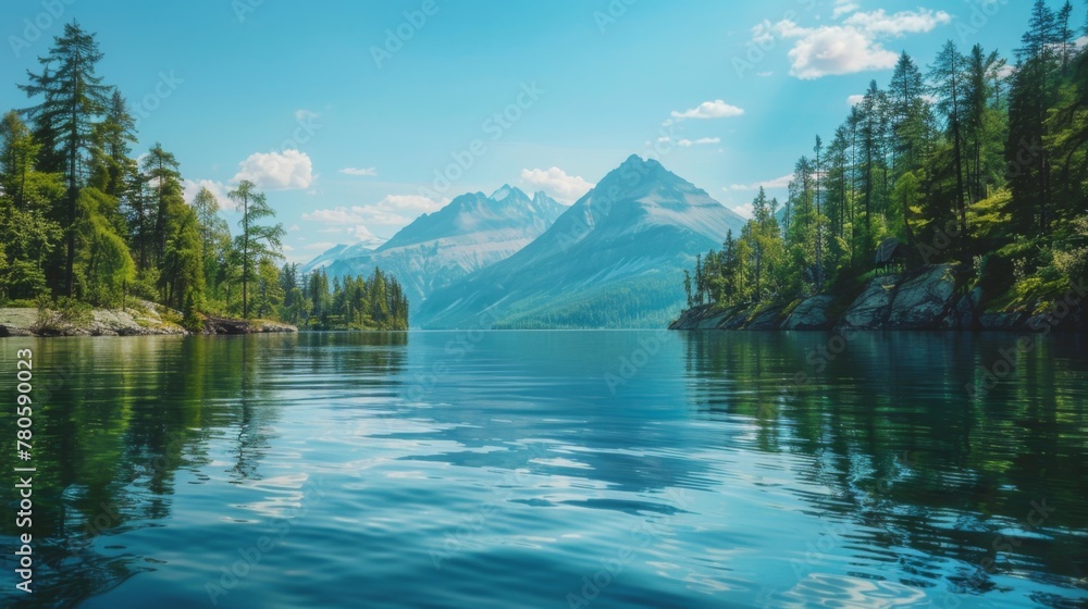 A serene lakeside retreat with calm waters, forested shores, and a distant mountain backdrop, under a clear summer sky, offering a tranquil summer background for business branding
