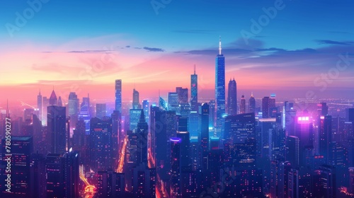 A vibrant urban skyline with towering skyscrapers against a clear blue sky, bustling streets below, and colorful city lights twinkling in the evening, providing ample space for business text or logos © Filip