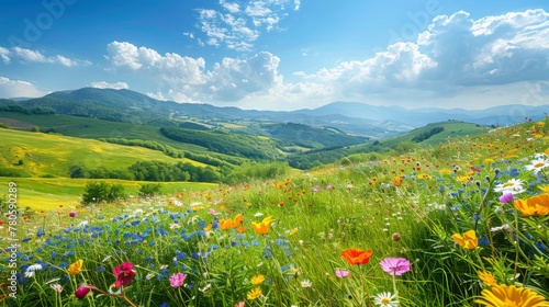 An idyllic countryside landscape featuring rolling hills covered in lush greenery and colorful wildflowers  under a clear sunny sky  offering plenty of space for business messaging.
