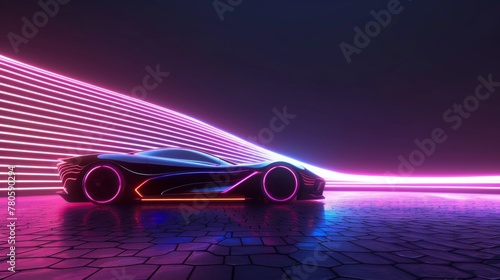 Blue and pink line digital neon flying as car