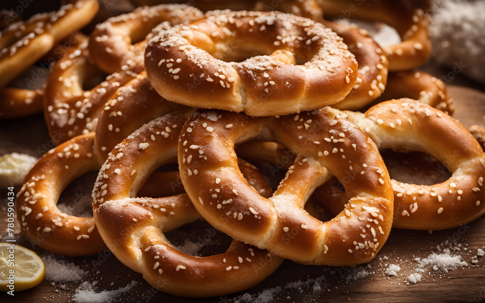 German pretzels, coarse salt, wooden board, closeup with warm kitchen lighting
