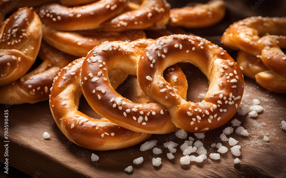 German pretzels, coarse salt, wooden board, closeup with warm kitchen lighting