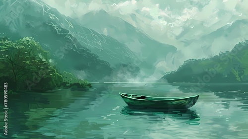 green and blue small boat on the river, high mountain illustration poster background © jinzhen