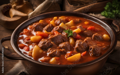 Hungarian goulash, hearty, paprika-rich, iron pot, dim, warm lighting
