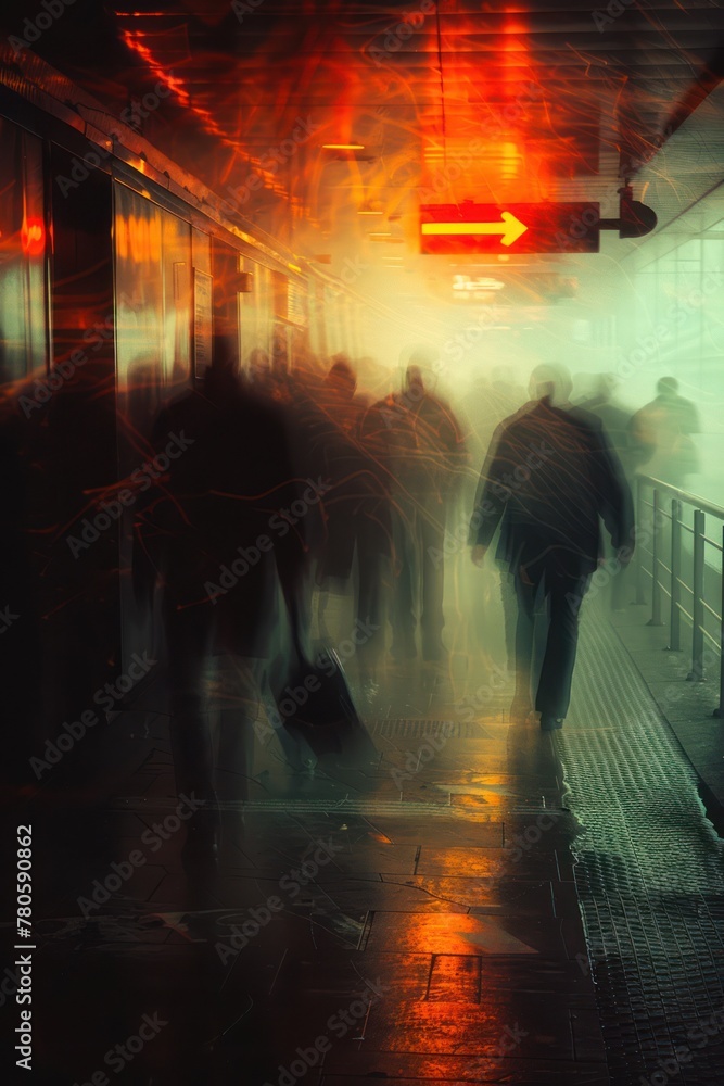 A blurred scene that conveys the impression of movement. The contour lines of people and lighting create an abstract and dynamic visual image. The color palette consists of warm shades of red and oran