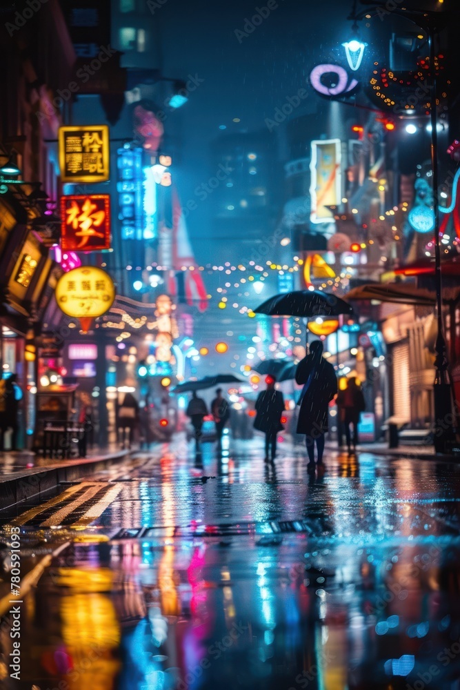 A night cityscape, probably of a large metropolis or an area with a lively nightlife. We see the street glinting off the wet cobblestones after the rain, creating the effect of mirroring the light