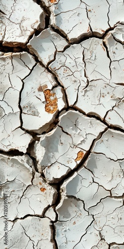 Cracks in the dry earth. The ground is light grey and the cracks form an irregular mosaic. Between the cracks are pieces of earth of different sizes that look very dry. In some places, you can see an 