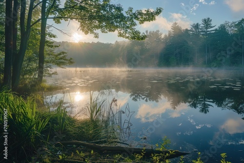 Beautiful landscape of a morning forest with a lake. The sunlight penetrates through the branches of the trees, creating soft diffused lighting