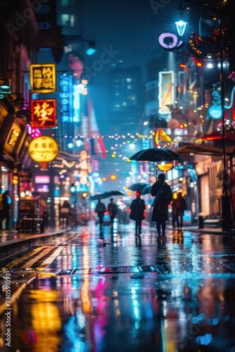 A night cityscape  probably of a large metropolis or an area with a lively nightlife. We see the street glinting off the wet cobblestones after the rain  creating the effect of mirroring the light