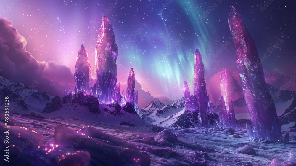 Fantasy Art, Crystal forests under ethereal auroras on an alien planet. - obrazy, fototapety, plakaty 