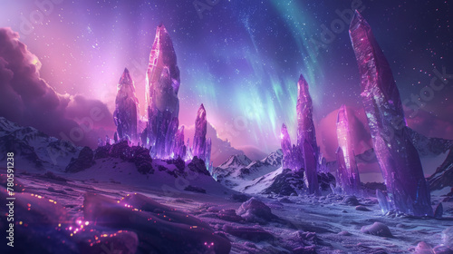 Fantasy Art  Crystal forests under ethereal auroras on an alien planet.