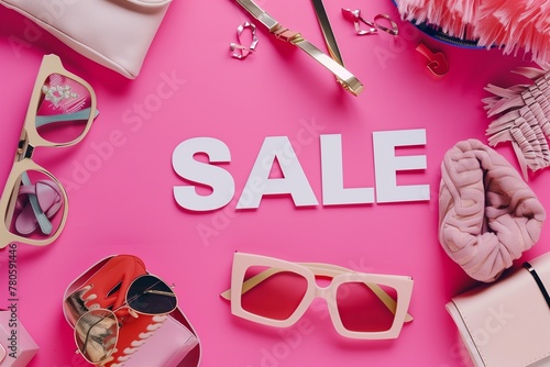 pile of items with SALE written on it against a pink background in the stock photo style. The items are arranged in pile with the word 