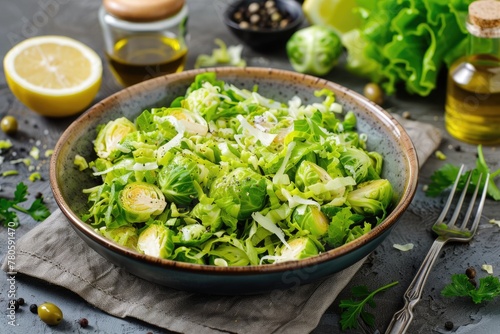 Healthy Homemade Brussel Sprout Salad with Shaved Lemon and Oil Dressing, Served in a Bowl on a Napkin with Lettuce - Perfect for Dieting and Vegetarian Cuisine