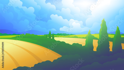 Beautiful ripe golden realistic fields on a sunny day. Nature farming horizontal illustration.