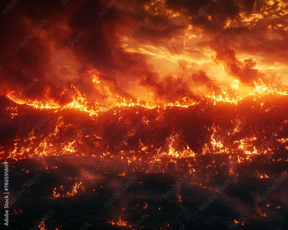 Close up of a wildfire, representing the increased fire incidents due to global warming, intense and fierce