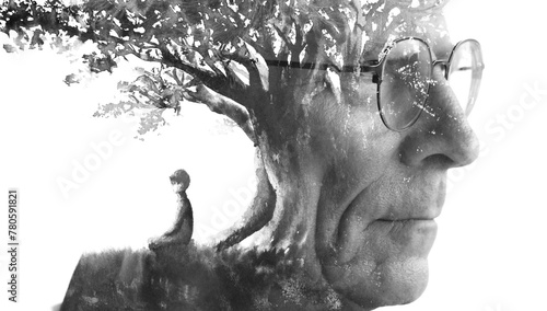 A surreal paintography profile of an old man with glasses