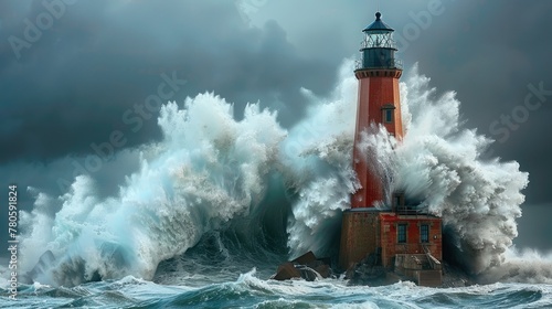 A lighthouse is being battered by a huge wave. The water is crashing over the lighthouse and the waves are high