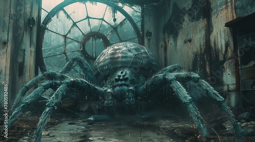 a giant spider in a room with a window and a door in the background