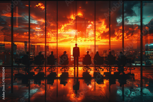 A group sits at a table in a conference room as the sky turns orange at sunset