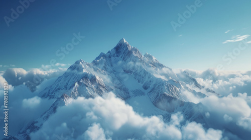 Mountain Landscape, A stunning snow-capped mountain peak rising above clouds.