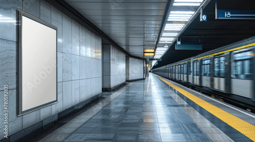 Advertising Space, Empty advertising poster mockup in an urban subway station as a train passes by.