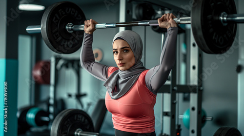 Woman in hijab lifting a barbell at the gym.