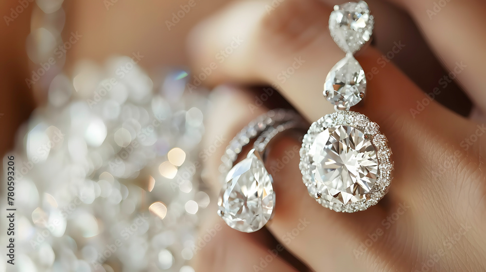 Close-up of sparkling diamond earrings and matching ring on a blurred background.
