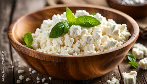 Organic cottage cheese in a wooden bowl.
